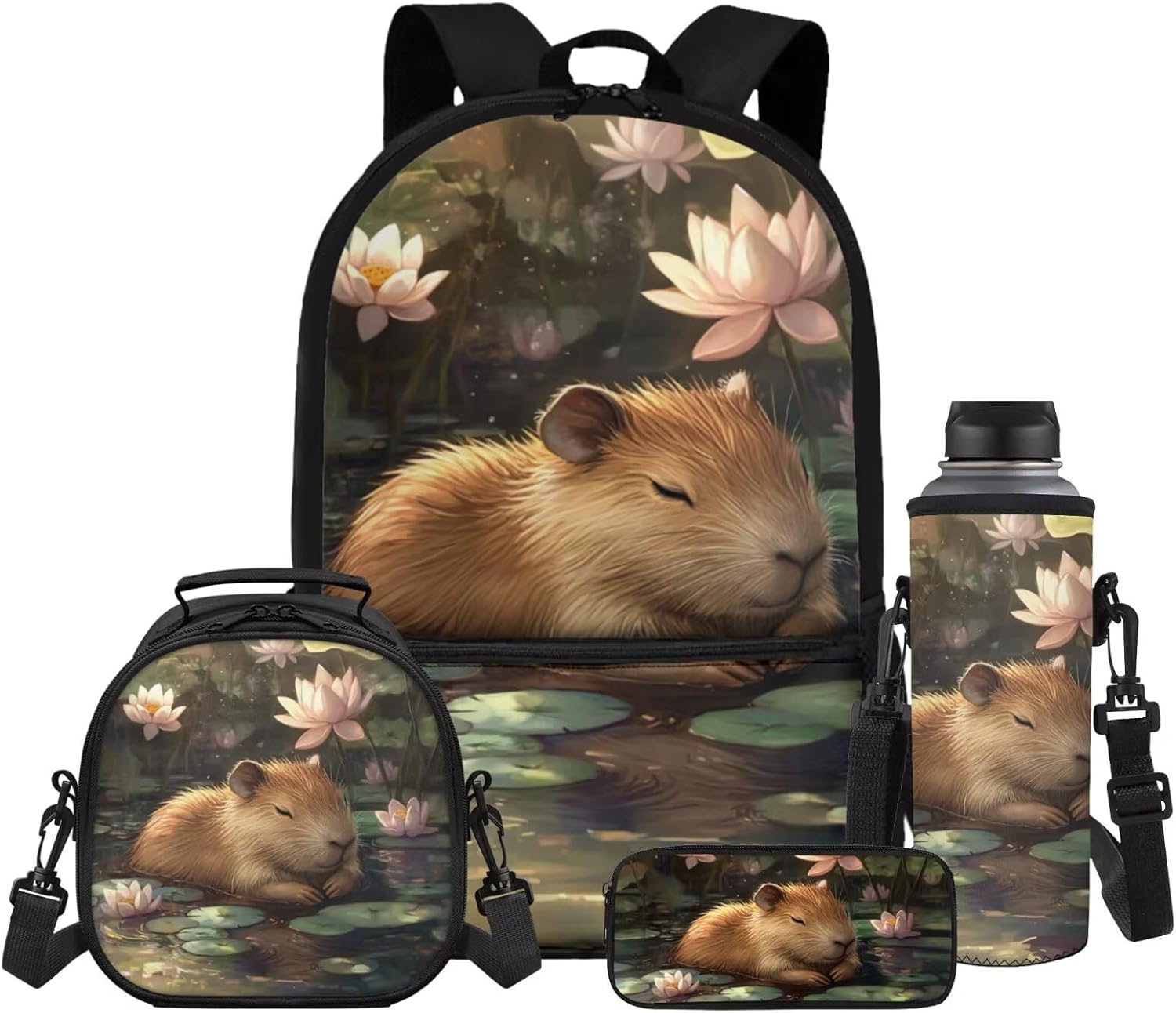 Gomyblomy Floral Capybara Backpack with Lunchbox for Girls 6-8 8-10 Kawaii School Bag for Girls with Lunch Box 4 Piece Kids Bookbag Set for Elementary Lightweight 17 Inch Travel Knapsack - Image 12