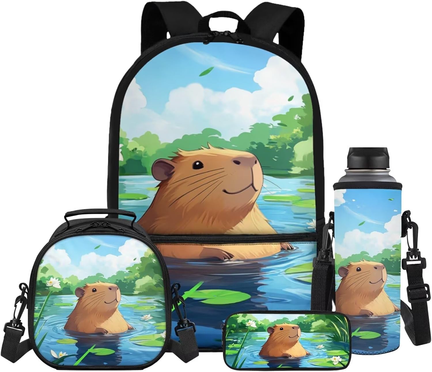 Gomyblomy Floral Capybara Backpack with Lunchbox for Girls 6-8 8-10 Kawaii School Bag for Girls with Lunch Box 4 Piece Kids Bookbag Set for Elementary Lightweight 17 Inch Travel Knapsack - Image 28