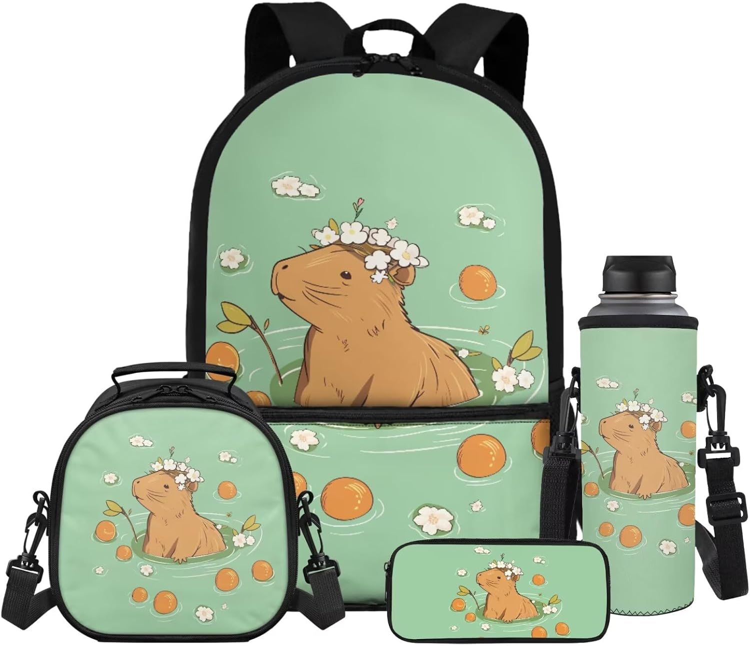 Gomyblomy Floral Capybara Backpack with Lunchbox for Girls 6-8 8-10 Kawaii School Bag for Girls with Lunch Box 4 Piece Kids Bookbag Set for Elementary Lightweight 17 Inch Travel Knapsack - Image 16