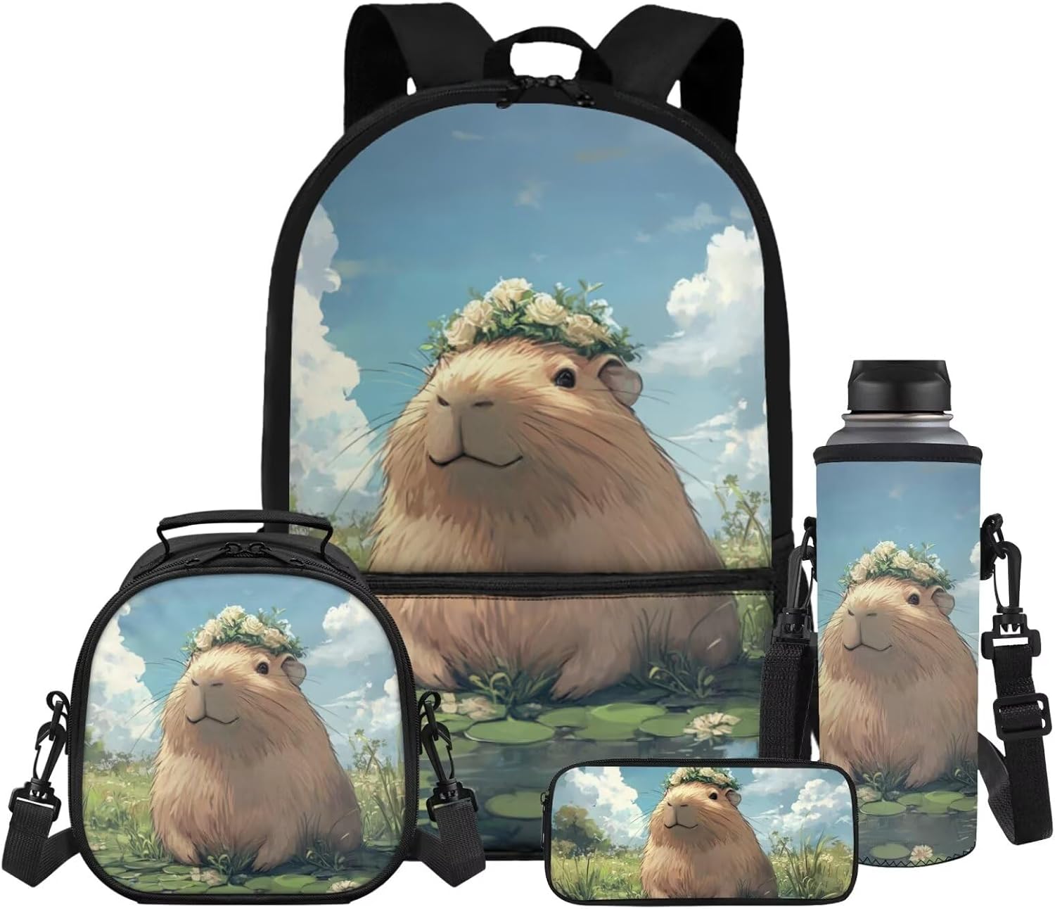 Gomyblomy Floral Capybara Backpack with Lunchbox for Girls 6-8 8-10 Kawaii School Bag for Girls with Lunch Box 4 Piece Kids Bookbag Set for Elementary Lightweight 17 Inch Travel Knapsack - Image 9
