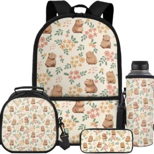 Gomyblomy Floral Capybara Backpack with Lunchbox for Girls 6-8 8-10 Kawaii School Bag for Girls with Lunch Box 4 Piece Kids Bookbag Set for Elementary Lightweight 17 Inch Travel Knapsack