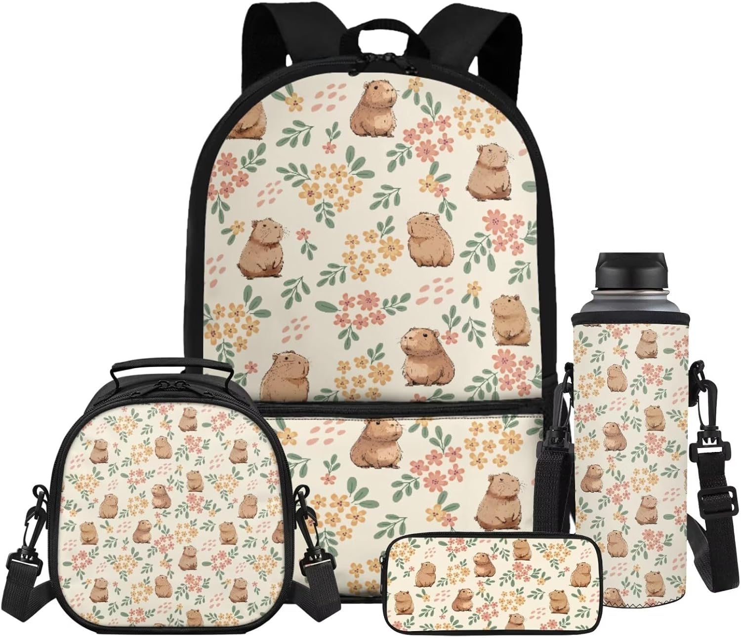 Gomyblomy Floral Capybara Backpack with Lunchbox for Girls 6-8 8-10 Kawaii School Bag for Girls with Lunch Box 4 Piece Kids Bookbag Set for Elementary Lightweight 17 Inch Travel Knapsack