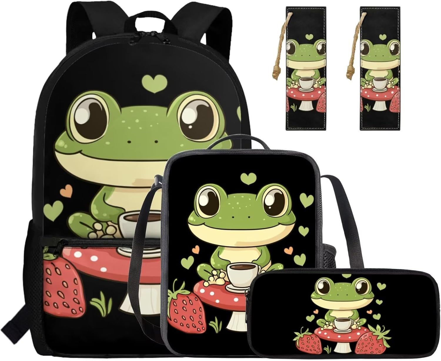 Gomyblomy Frog Mushroom Backpack for Kids 6-8 8-10 Kawaii Girls Bookbag with Lunch Box Pencil Case Bookmarks Set of 4 Pcs Kids School Bag for Elementary Kindergarten Satchel Rucksack