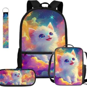 Gomyblomy Galaxy Cat Backpack for Girls 6-8 Cute Kids School Bag with Lunch Box Pencil Case Keychain 4 in 1 Set Kawaii Girls Backpack for Kindergarten Elementary 1St 2Nd 3Rd Grade Bookbag