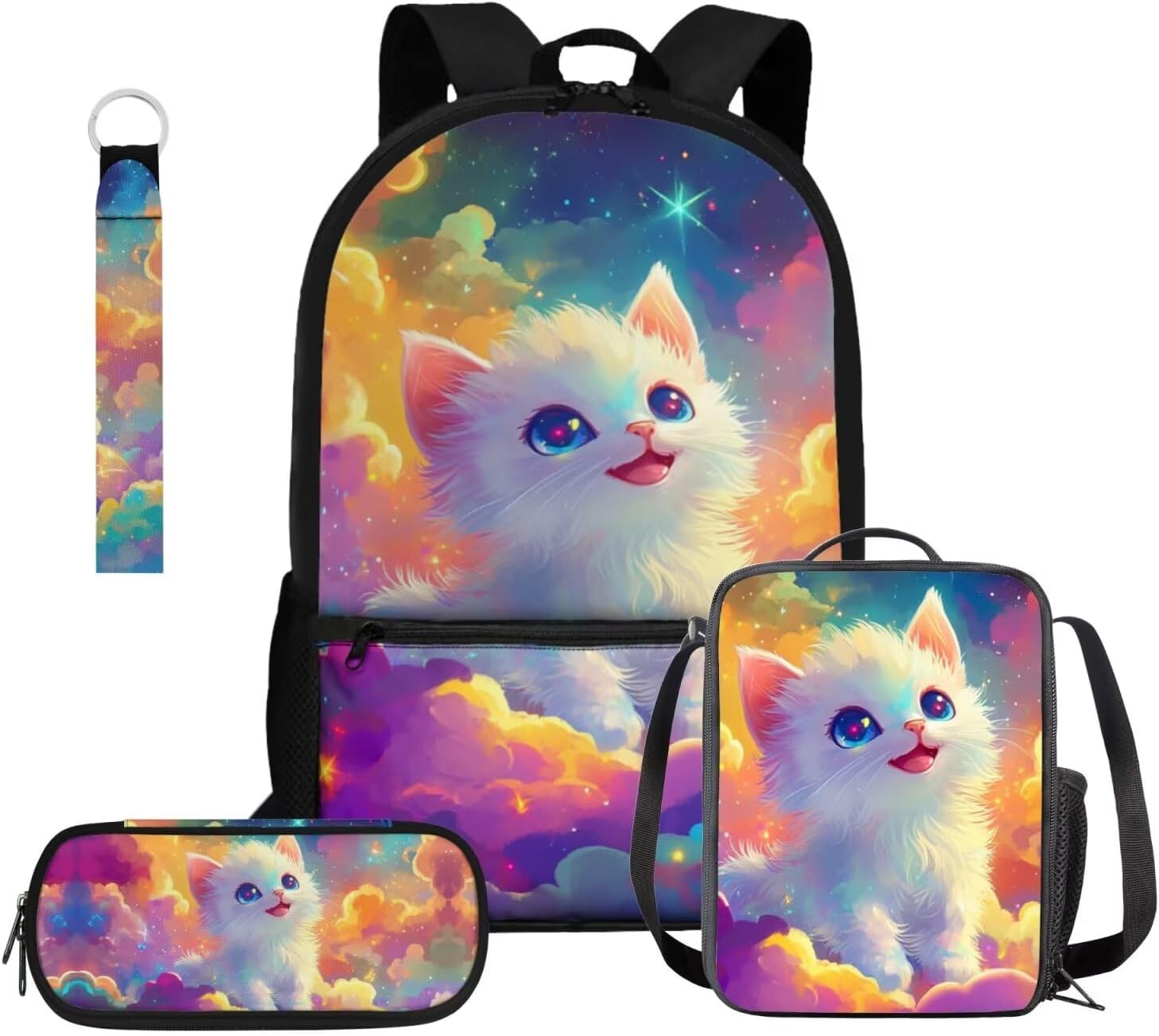 Gomyblomy Galaxy Cat Backpack for Girls 6-8 Cute Kids School Bag with Lunch Box Pencil Case Keychain 4 in 1 Set Kawaii Girls Backpack for Kindergarten Elementary 1St 2Nd 3Rd Grade Bookbag