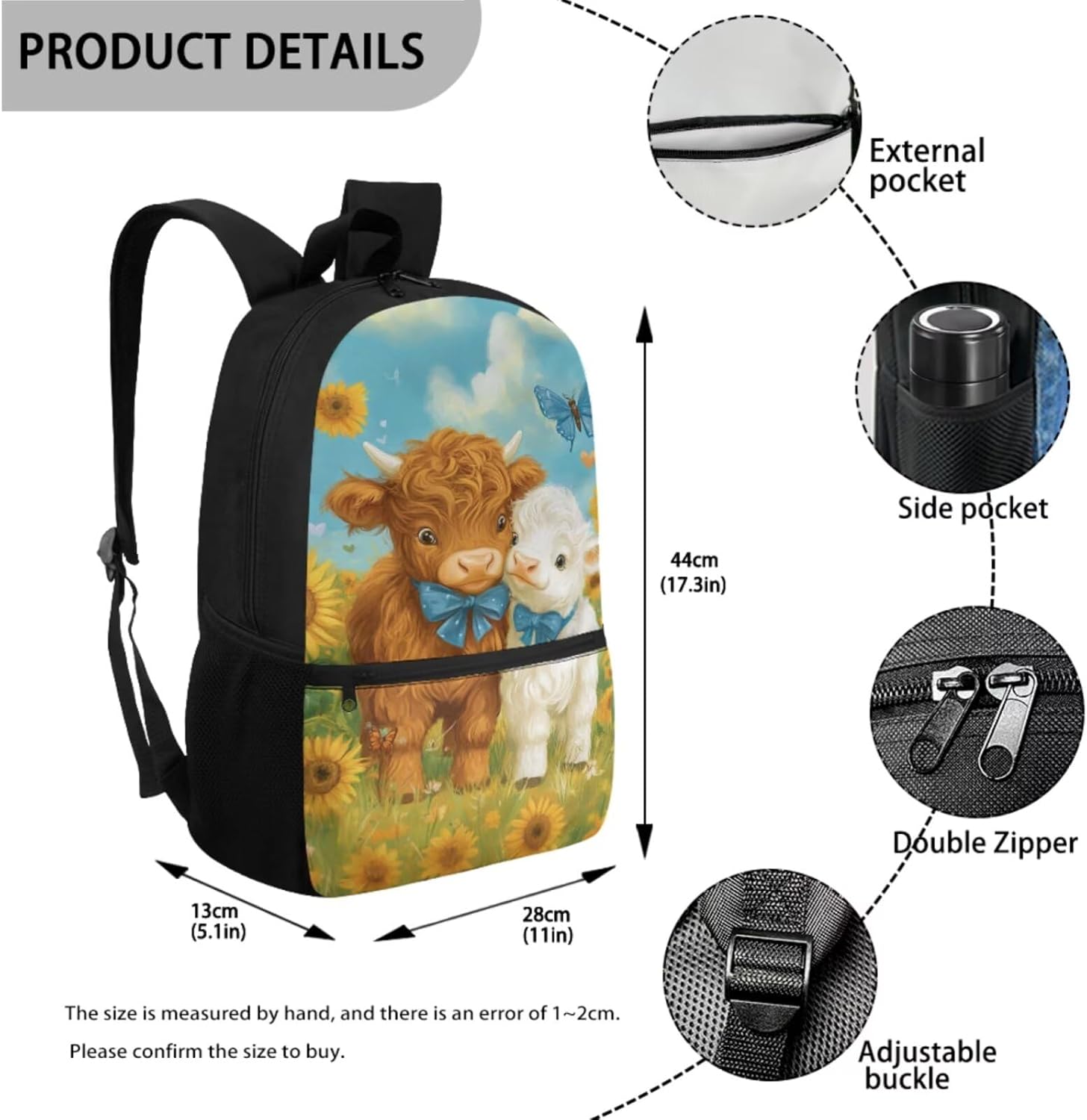 Gomyblomy Highland Cow Lamb Bookbag for Girls 6-8 8-10 Kawaii Kids Boys Backpack with Lunch Box Keychain Pencil Case Cute School Bag Set of 4 Pcs for Kindergarten Elementary Students Rucksack - Image 2