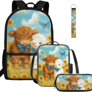 Gomyblomy Highland Cow Lamb Bookbag for Girls 6-8 8-10 Kawaii Kids Boys Backpack with Lunch Box Keychain Pencil Case Cute School Bag Set of 4 Pcs for Kindergarten Elementary Students Rucksack