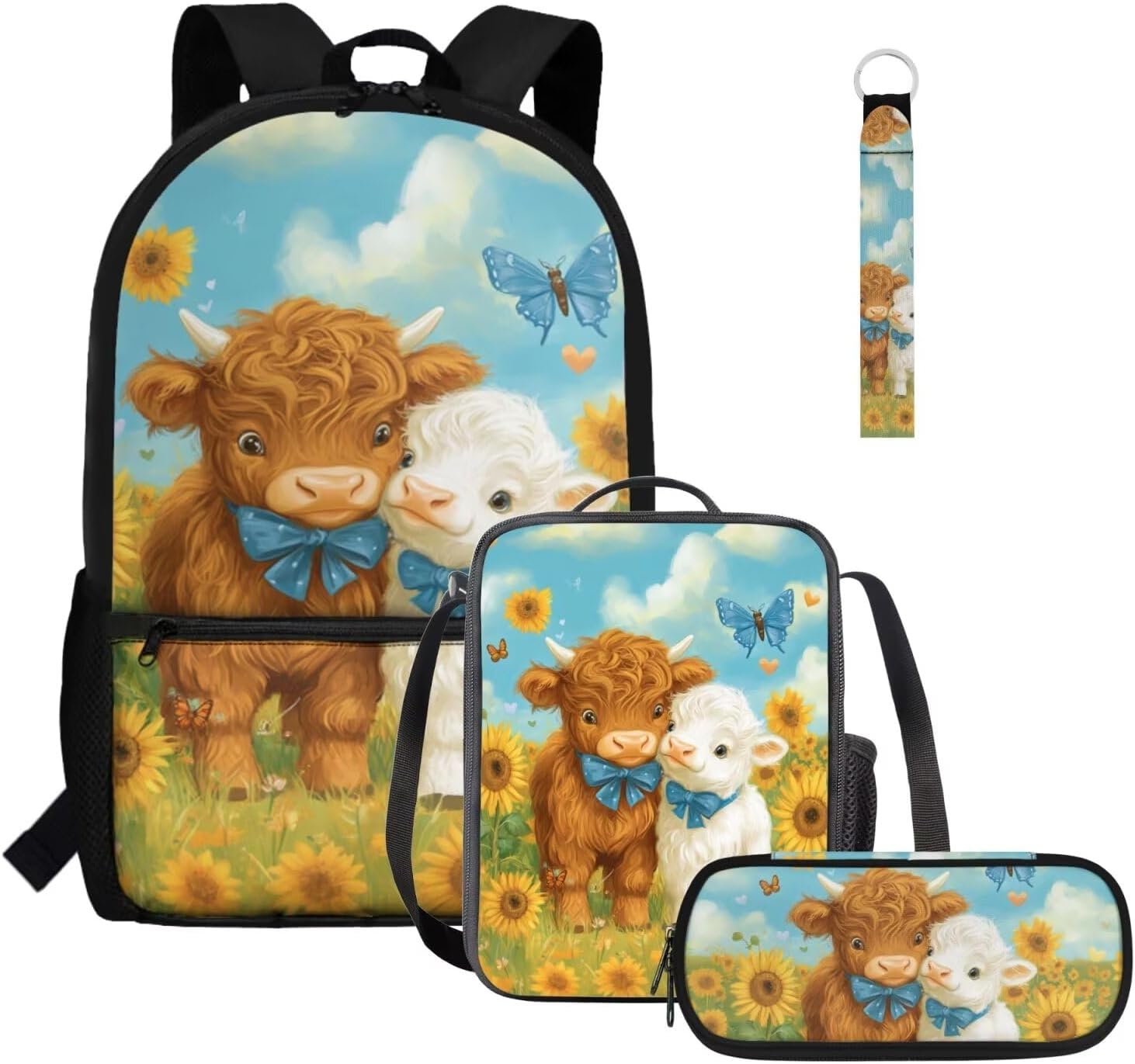 Gomyblomy Highland Cow Lamb Bookbag for Girls 6-8 8-10 Kawaii Kids Boys Backpack with Lunch Box Keychain Pencil Case Cute School Bag Set of 4 Pcs for Kindergarten Elementary Students Rucksack