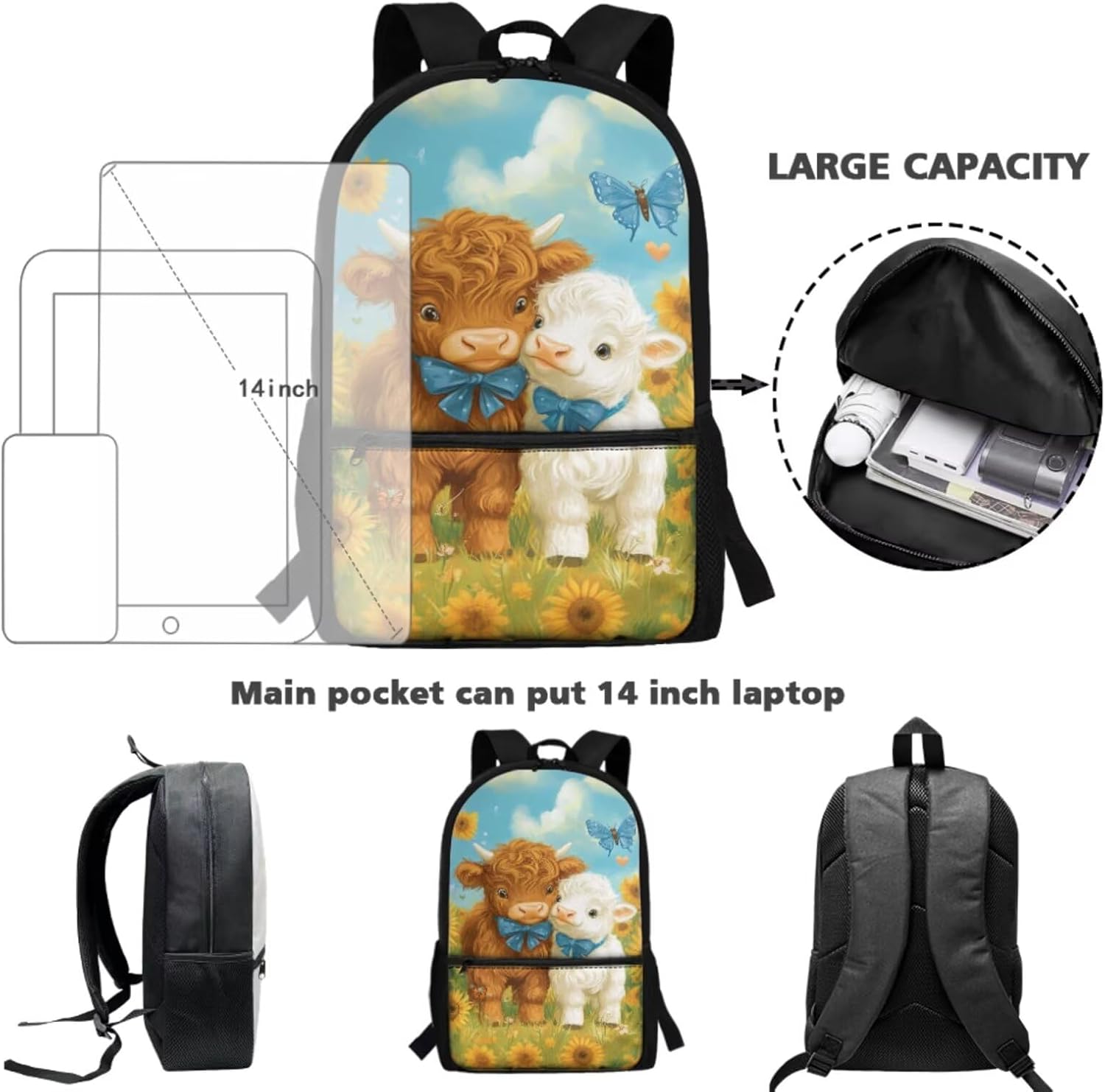 Gomyblomy Highland Cow Lamb Bookbag for Girls 6-8 8-10 Kawaii Kids Boys Backpack with Lunch Box Keychain Pencil Case Cute School Bag Set of 4 Pcs for Kindergarten Elementary Students Rucksack - Image 4