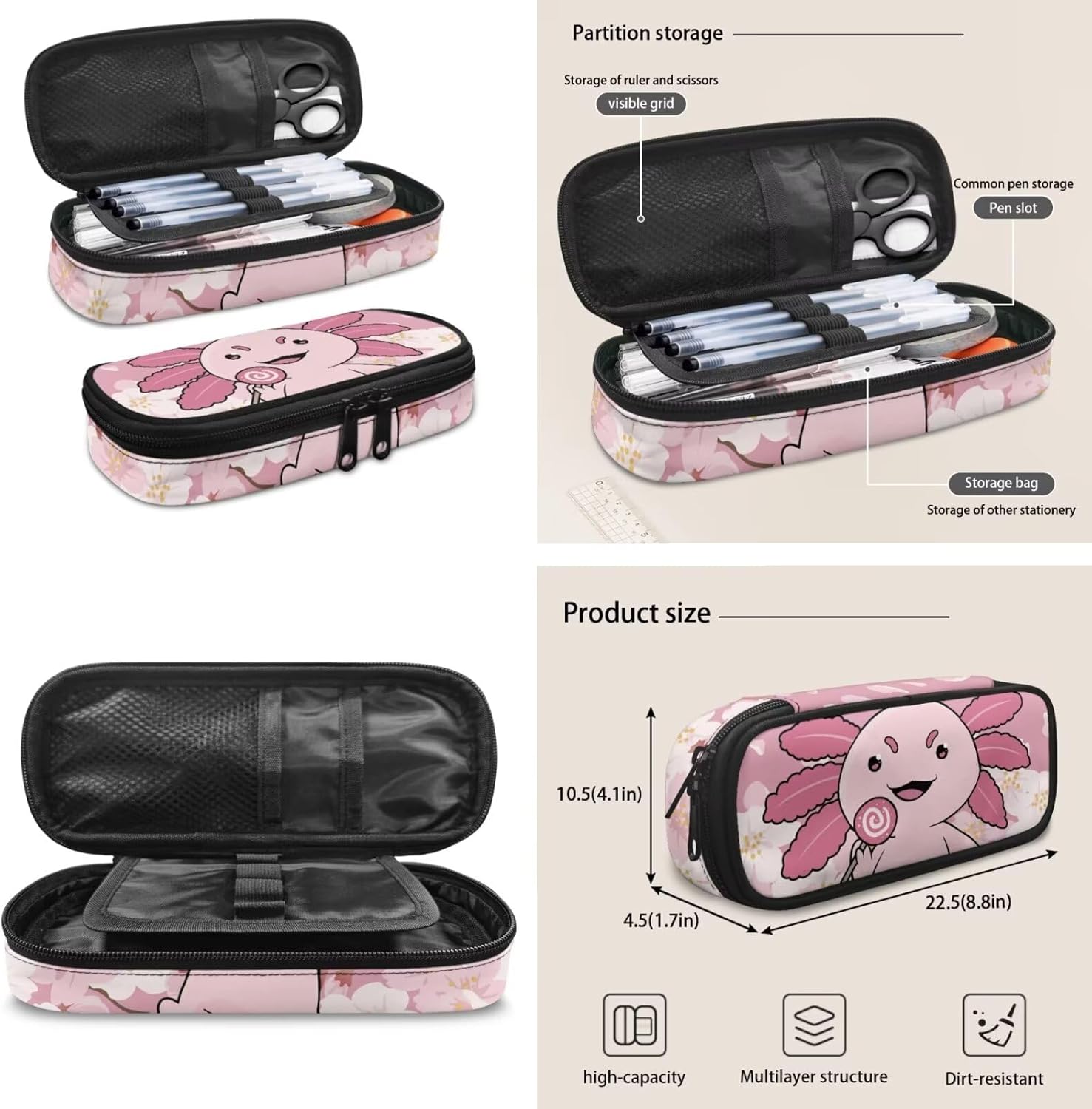 Gomyblomy Kawaii Axolotl School Backpack for Girls Pink Floral Backpack with Lunch Bag Set Cute Pencil Case for Teen Girls Preschool Kindergarten Elementary School Bags 3 IN 1 Set - Image 2