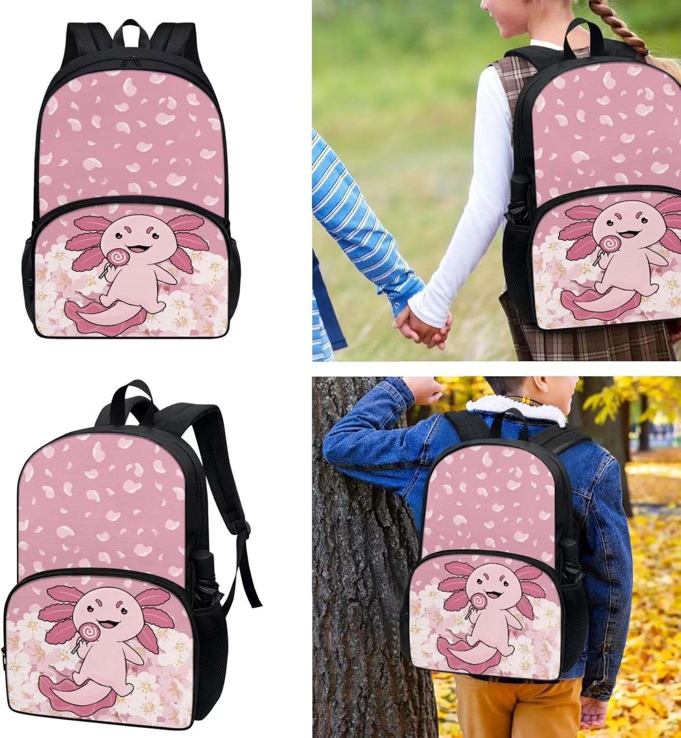 Gomyblomy Kawaii Axolotl School Backpack for Girls Pink Floral Backpack with Lunch Bag Set Cute Pencil Case for Teen Girls Preschool Kindergarten Elementary School Bags 3 IN 1 Set - Image 4