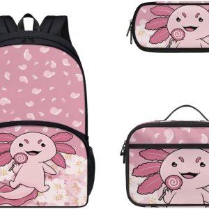 Gomyblomy Kawaii Axolotl School Backpack for Girls Pink Floral Backpack with Lunch Bag Set Cute Pencil Case for Teen Girls Preschool Kindergarten Elementary School Bags 3 IN 1 Set