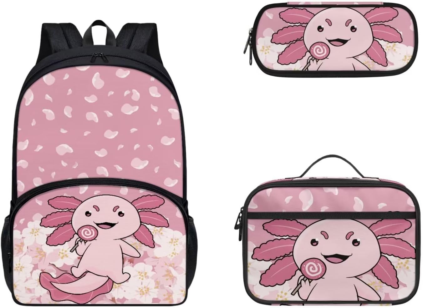Gomyblomy Kawaii Axolotl School Backpack for Girls Pink Floral Backpack with Lunch Bag Set Cute Pencil Case for Teen Girls Preschool Kindergarten Elementary School Bags 3 IN 1 Set