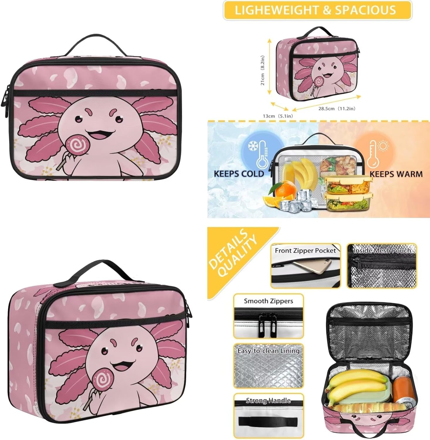 Gomyblomy Kawaii Axolotl School Backpack for Girls Pink Floral Backpack with Lunch Bag Set Cute Pencil Case for Teen Girls Preschool Kindergarten Elementary School Bags 3 IN 1 Set - Image 5
