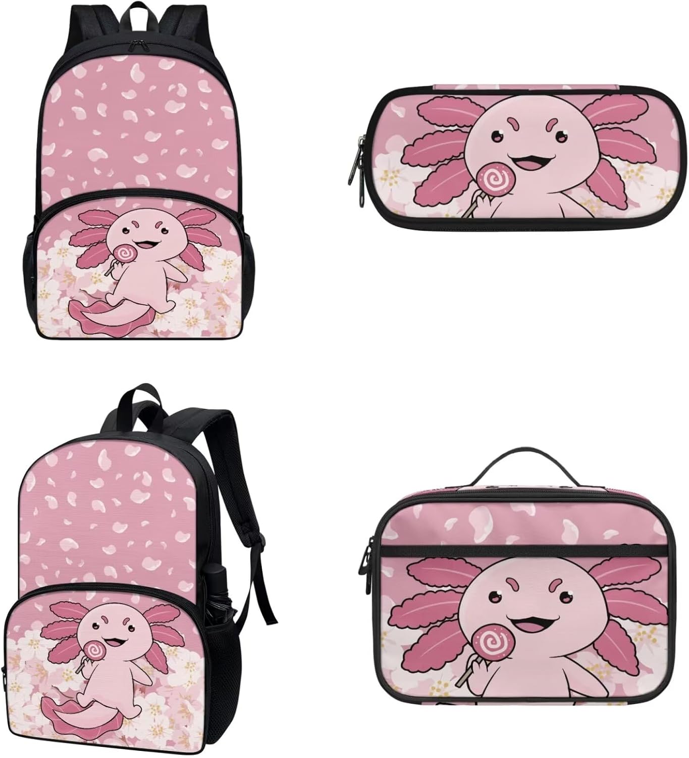 Gomyblomy Kawaii Axolotl School Backpack for Girls Pink Floral Backpack with Lunch Bag Set Cute Pencil Case for Teen Girls Preschool Kindergarten Elementary School Bags 3 IN 1 Set - Image 3