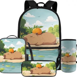 Gomyblomy Kawaii Capybara Backpack for Girls 6-8 8-10 Cute Kids School Bag with Lunch Box Pencil Case Water Bottle Sleeve Lightweight Girls Bookbag for Elementary Kindergarten Satchel