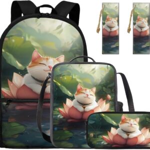Gomyblomy Kawaii Cat Lotus Backpack for School Girls 8-10 with Lunch Box 4 in1 Set Cute Kids Backpack for Elementary Primary School Bag Bookmarks Pencil Case for 4Th Grade Girls Bookbag
