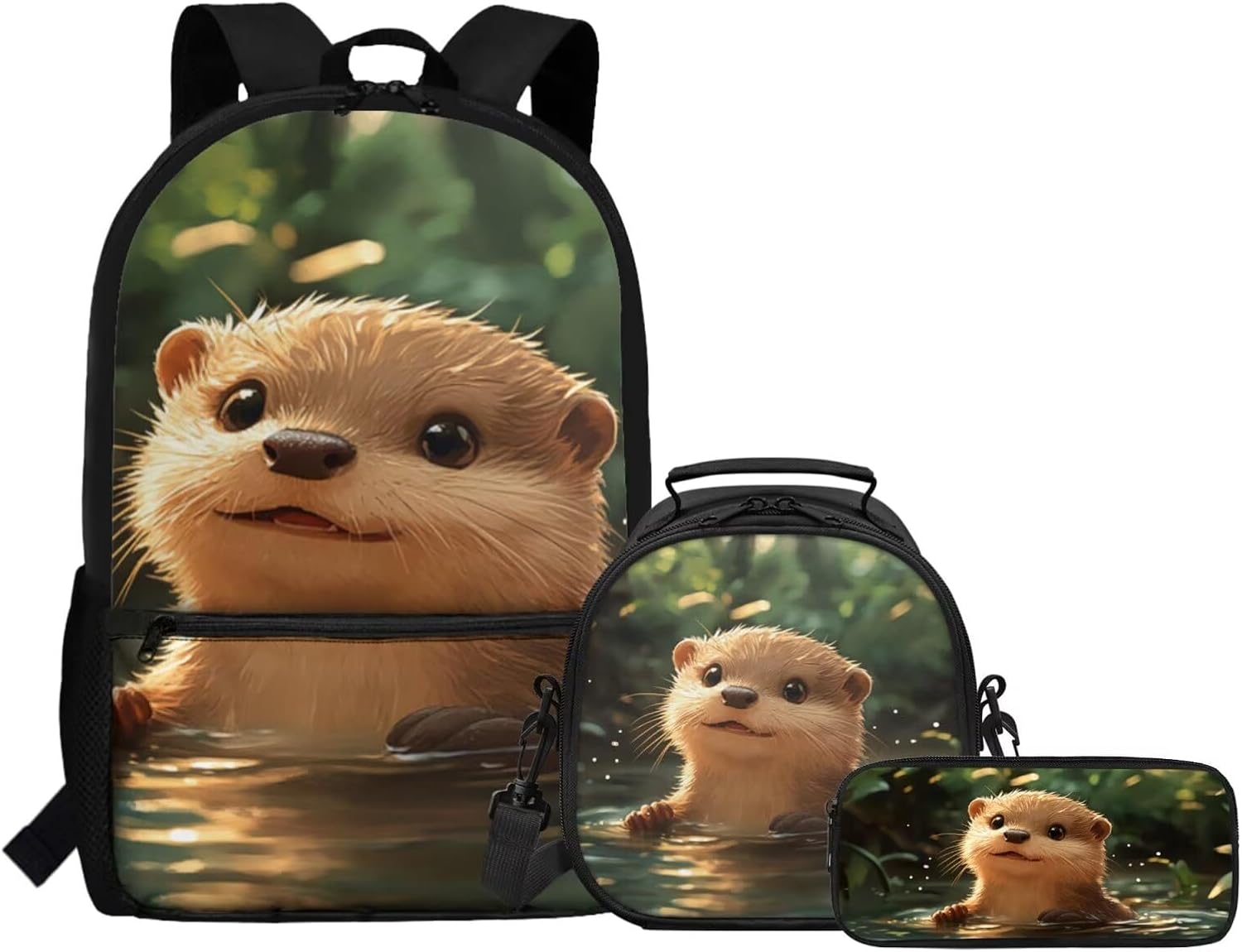 Gomyblomy Kawaii Otter Backpack for Girls 8-10 with Lunch Box Set of 3 Elementary School Backpack for Girls 10-12 Years Old Lightweight Kids School Bookbag Pencil Case Travel Rucksack