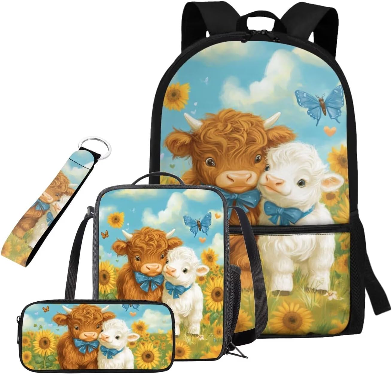 Gomyblomy Lamb Highland Cow Backpack for Girls 6-8 Kawaii Kids Bookbag with Lunch Box 4 Pcs Lightweight Girls School Bag Set for Elementary Kindergarten Back Pack Back to School Gifts
