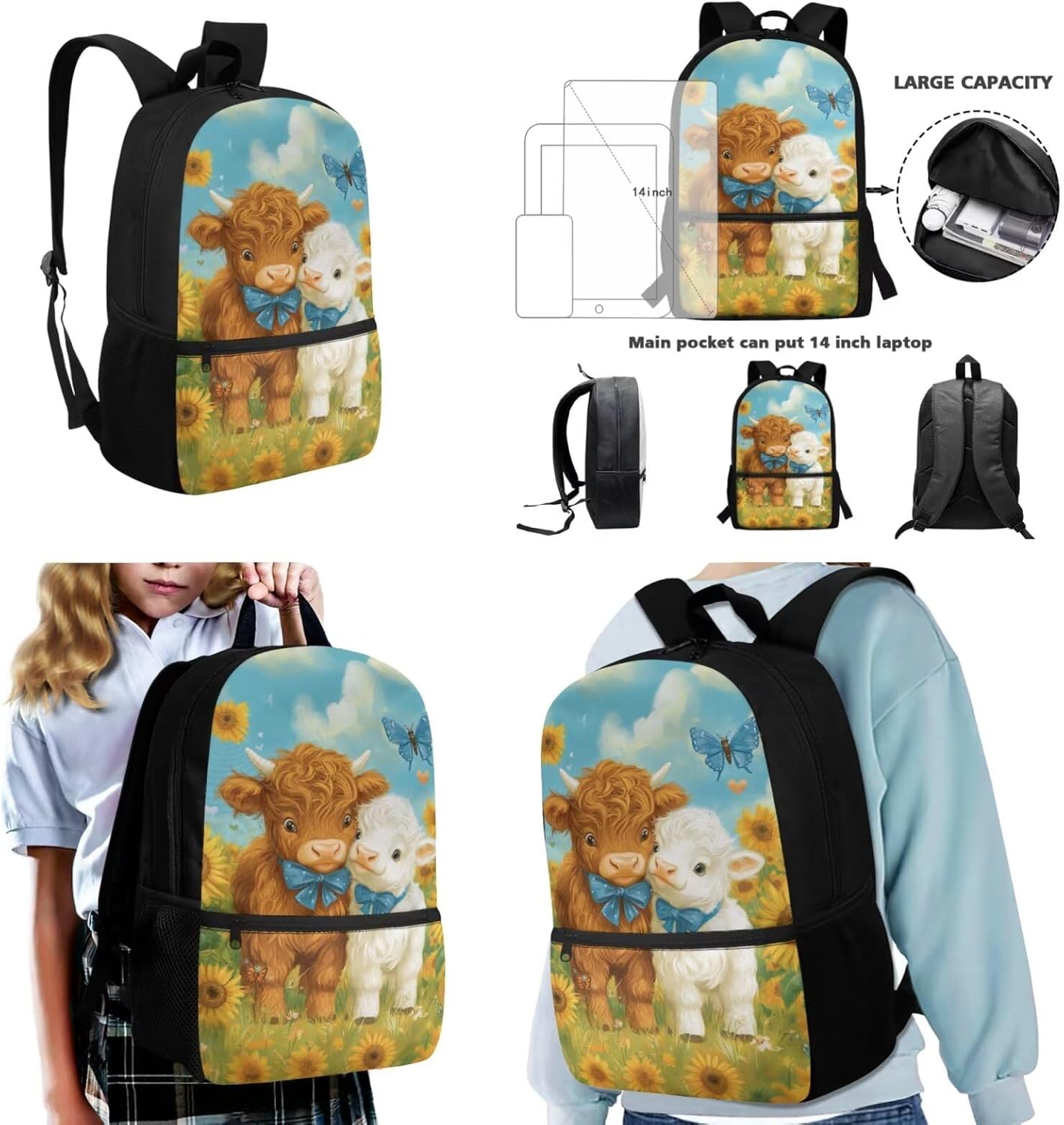 Gomyblomy Lamb Highland Cow Backpack for Girls 6-8 Kawaii Kids Bookbag with Lunch Box for Elementary Kindergarten Cute Backpack for School Girls Lightweight 3 Piece Kids School Bag - Image 5