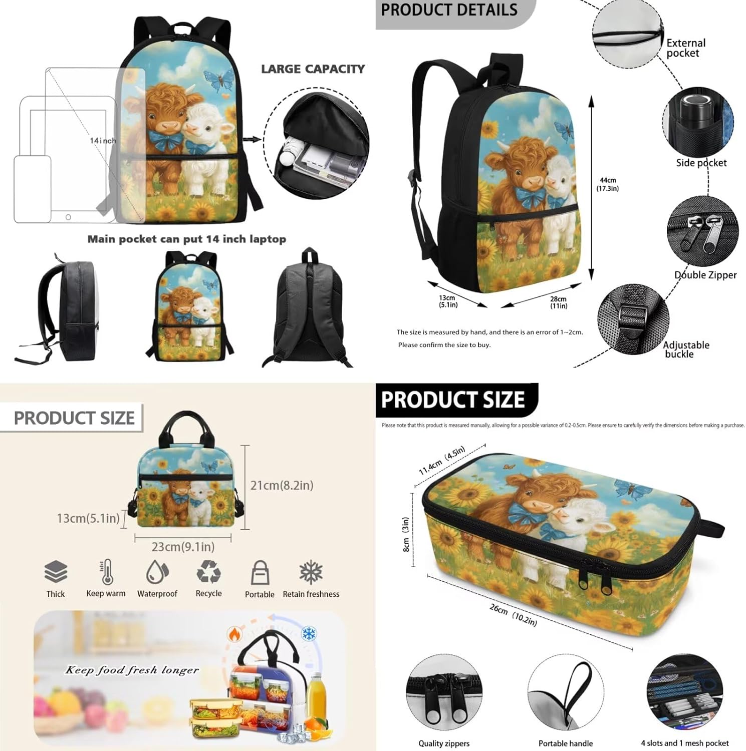 Gomyblomy Lamb Highland Cow Backpack for Girls 6-8 Kawaii Kids Bookbag with Lunch Box for Elementary Kindergarten Cute Backpack for School Girls Lightweight 3 Piece Kids School Bag - Image 3