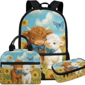 Gomyblomy Lamb Highland Cow Backpack for Girls 6-8 Kawaii Kids Bookbag with Lunch Box for Elementary Kindergarten Cute Backpack for School Girls Lightweight 3 Piece Kids School Bag