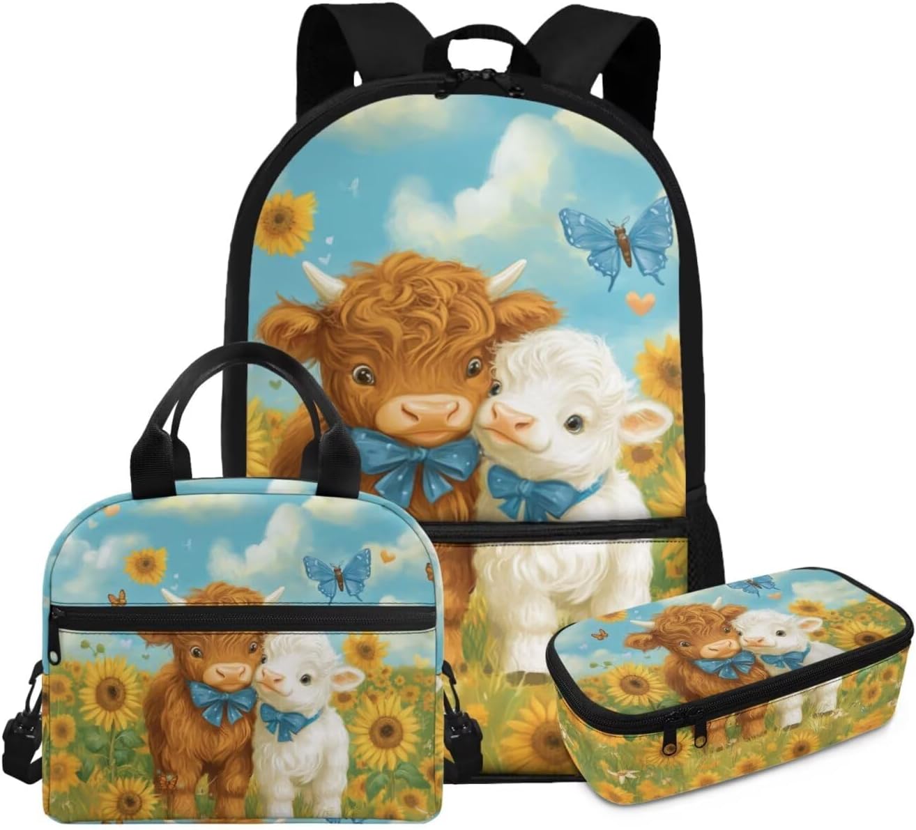 Gomyblomy Lamb Highland Cow Backpack for Girls 6-8 Kawaii Kids Bookbag with Lunch Box for Elementary Kindergarten Cute Backpack for School Girls Lightweight 3 Piece Kids School Bag