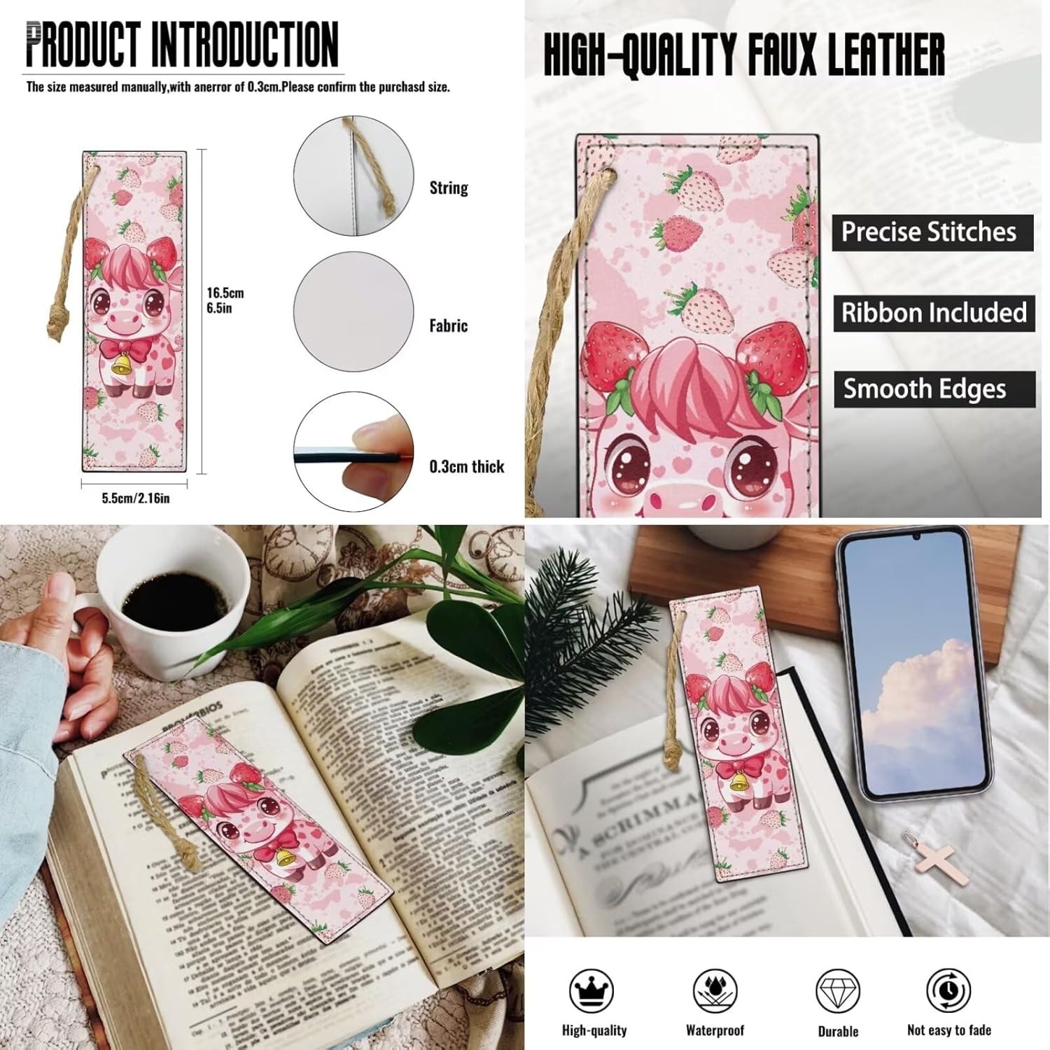 Gomyblomy Strawberry Cow Backpack for Girls 6-8 8-10 Kawaii Pink School Bag for Girls 4 in1 Set Kids Bookbag with Lunch Box Pencil Case Bookmarks for Elementary Kindergarten Cute Book Bags - Image 6