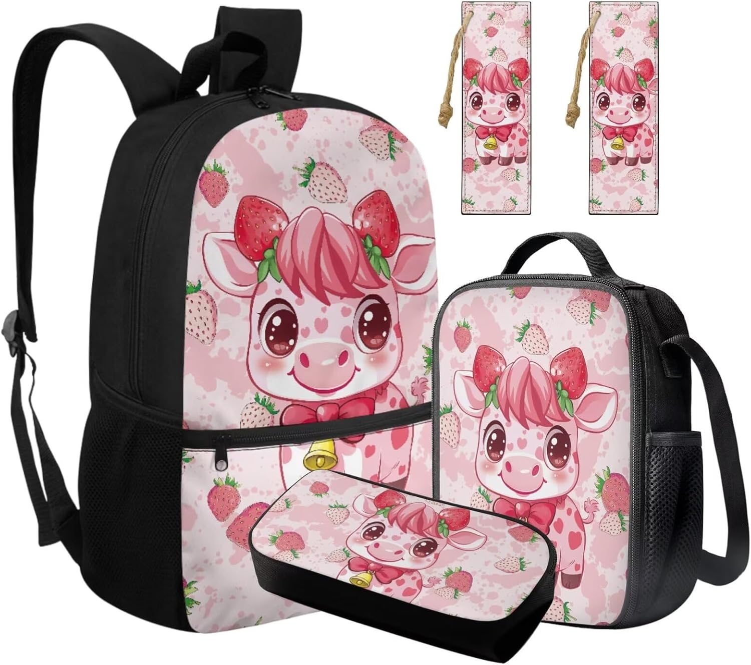 Gomyblomy Strawberry Cow Backpack for Girls 6-8 8-10 Kawaii Pink School Bag for Girls 4 in1 Set Kids Bookbag with Lunch Box Pencil Case Bookmarks for Elementary Kindergarten Cute Book Bags - Image 3