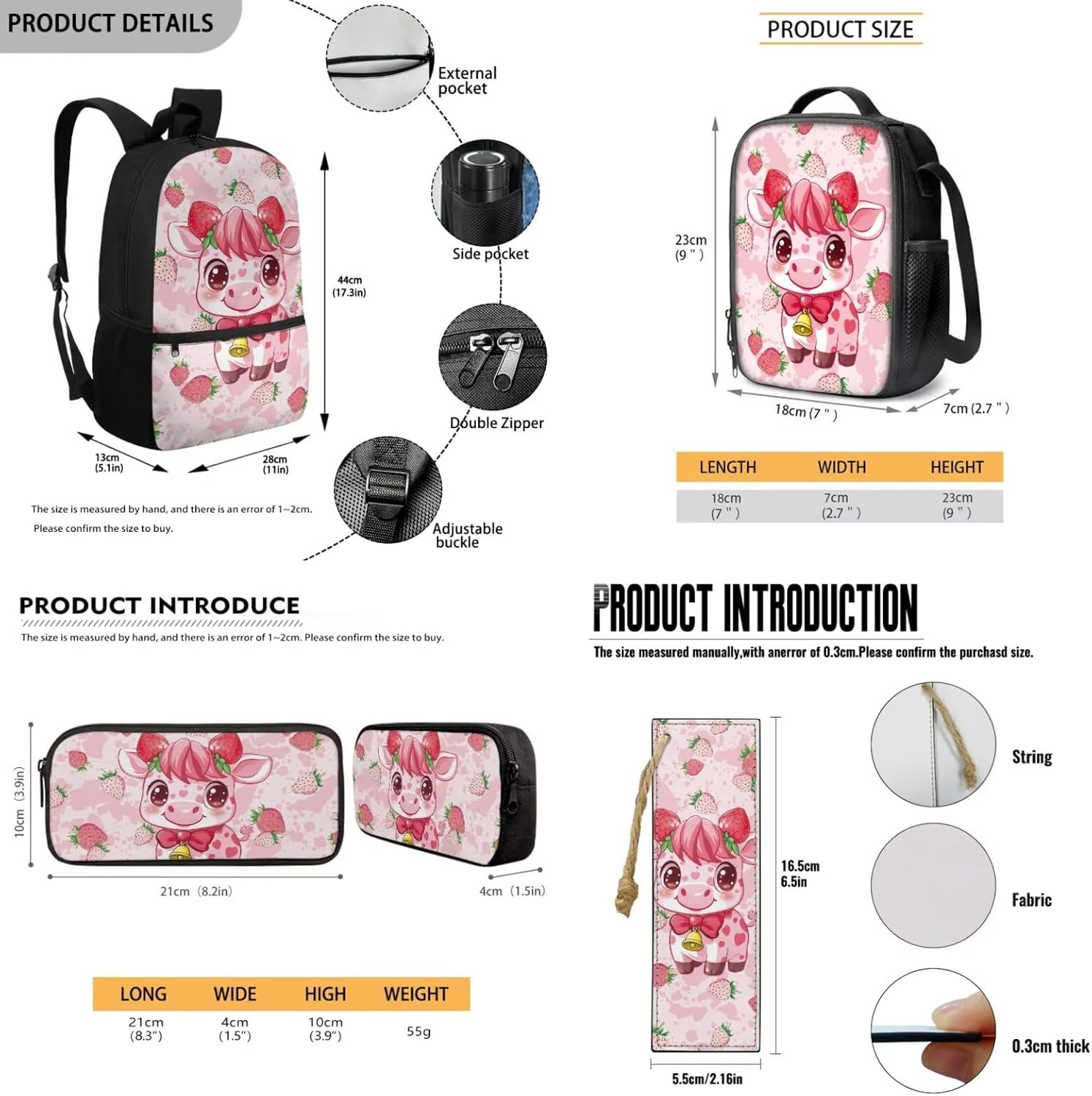 Gomyblomy Strawberry Cow Backpack for Girls 6-8 8-10 Kawaii Pink School Bag for Girls 4 in1 Set Kids Bookbag with Lunch Box Pencil Case Bookmarks for Elementary Kindergarten Cute Book Bags - Image 7