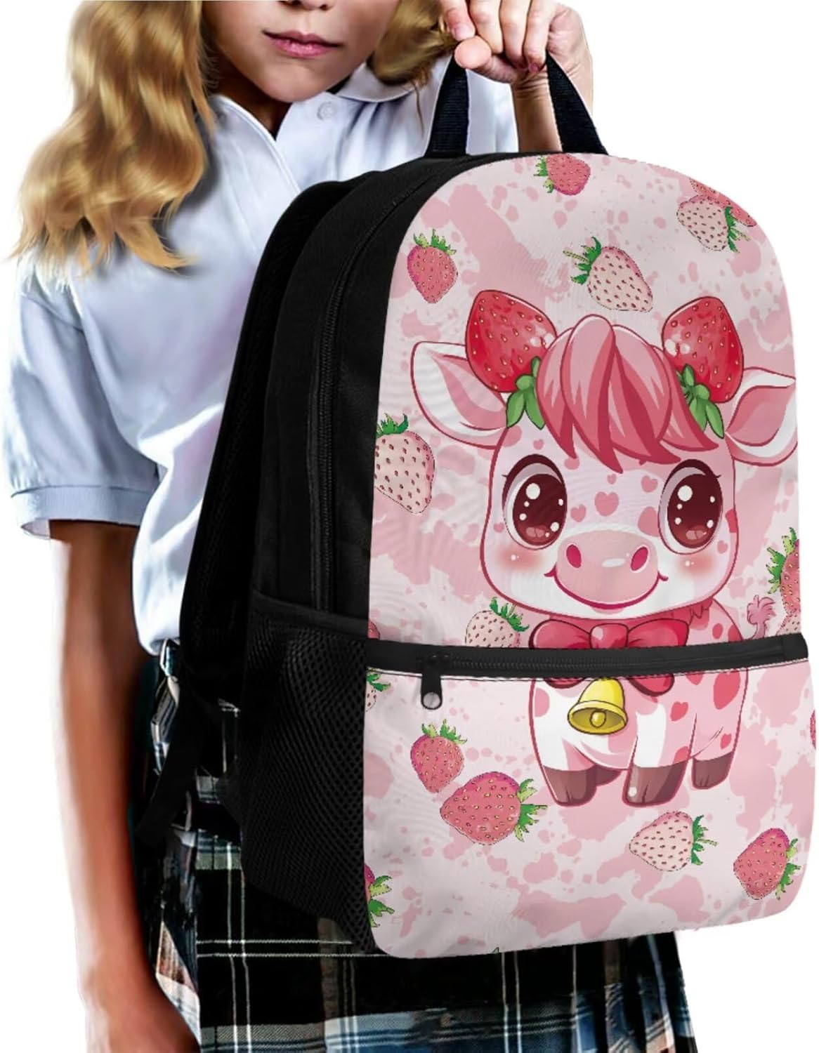 Gomyblomy Strawberry Cow Backpack for Girls 6-8 8-10 Kawaii Pink School Bag for Girls 4 in1 Set Kids Bookbag with Lunch Box Pencil Case Bookmarks for Elementary Kindergarten Cute Book Bags - Image 8