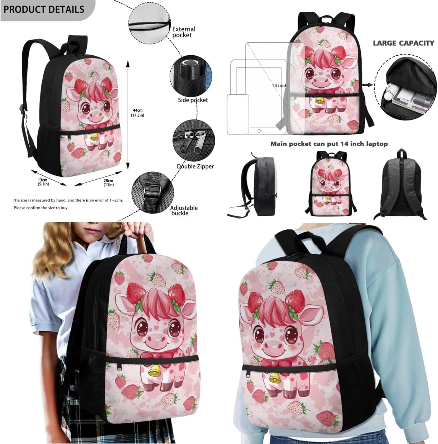 Gomyblomy Strawberry Cow Backpack for Girls 6-8 8-10 Kawaii Pink School Bag for Girls 4 in1 Set Kids Bookbag with Lunch Box Pencil Case Bookmarks for Elementary Kindergarten Cute Book Bags - Image 4