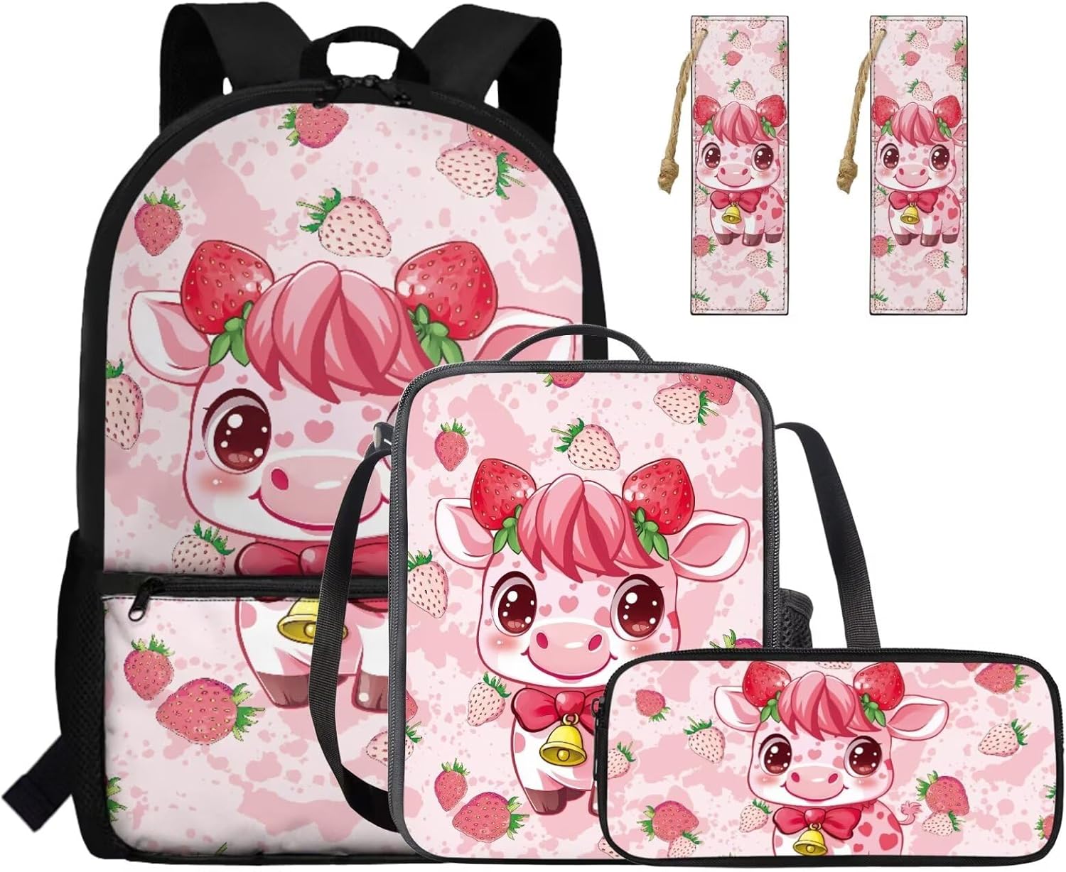 Gomyblomy Strawberry Cow Backpack for Girls 6-8 8-10 Kawaii Pink School Bag for Girls 4 in1 Set Kids Bookbag with Lunch Box Pencil Case Bookmarks for Elementary Kindergarten Cute Book Bags