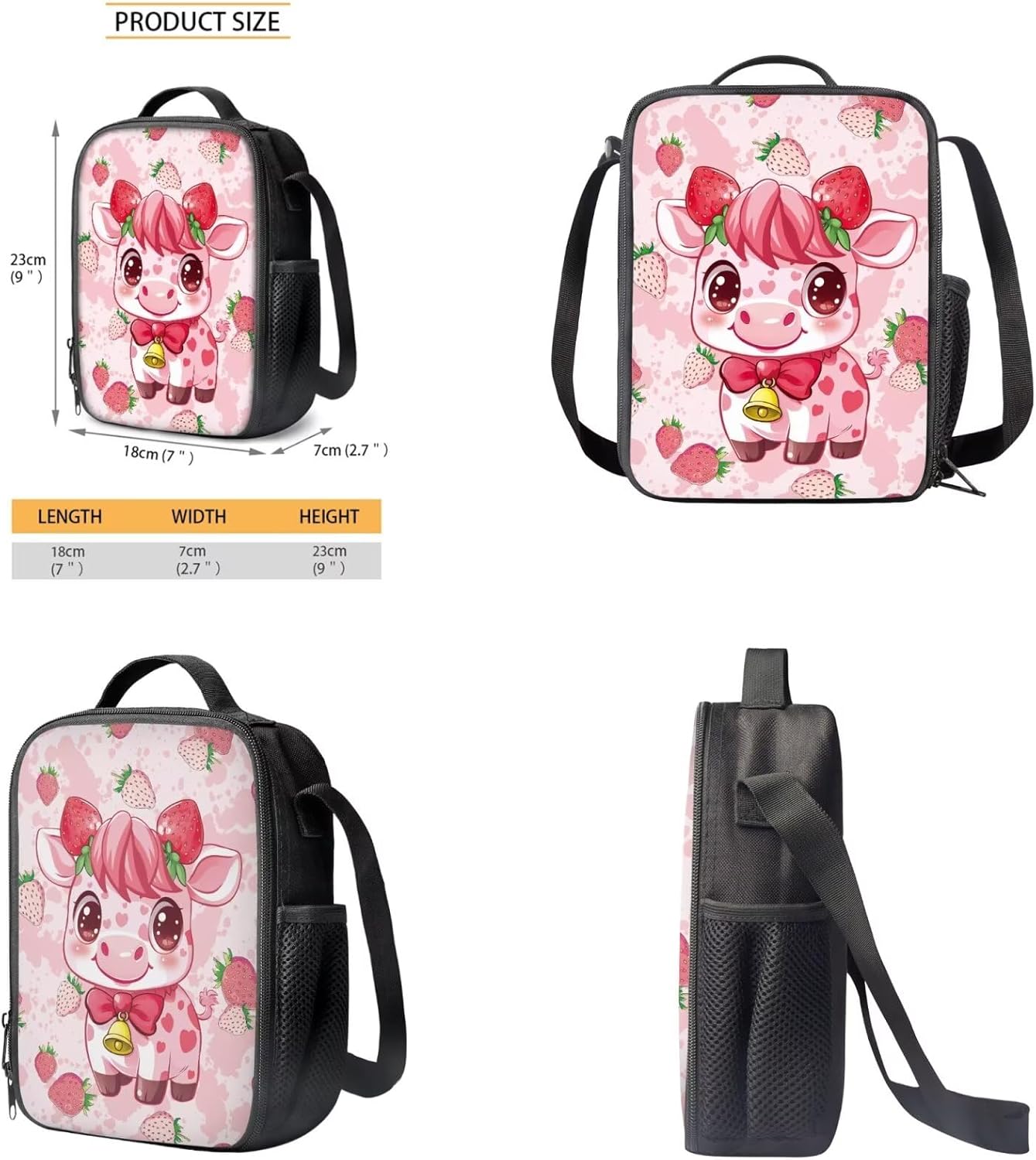 Gomyblomy Strawberry Cow Backpack for Girls 6-8 8-10 Kawaii Pink School Bag for Girls 4 in1 Set Kids Bookbag with Lunch Box Pencil Case Bookmarks for Elementary Kindergarten Cute Book Bags - Image 2