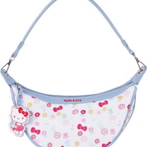 Hello Kitty Shoulder Bag, Crescent Top Zip Purse, Floral Print, Removable Strap with Character Charm, Blue