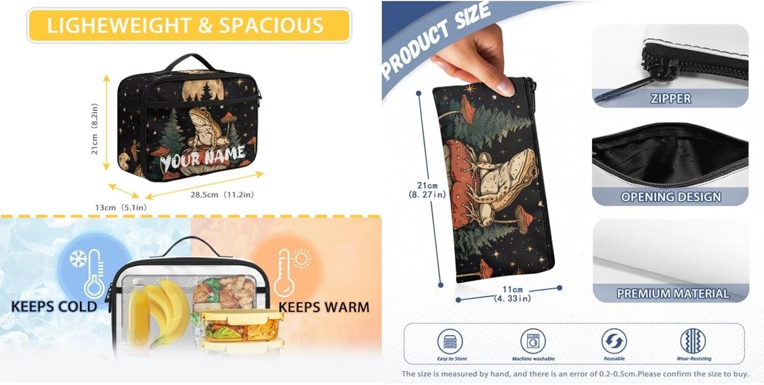 Howilath Mushroom Frog Backpack for Boys Kids Backpack with Lunch Box Aesthetic Pencil Case 3PCS Set 4th 5th 6th Grade Cute Bookbag 17 inch Kawaii School Bag with Name Customized - Image 6