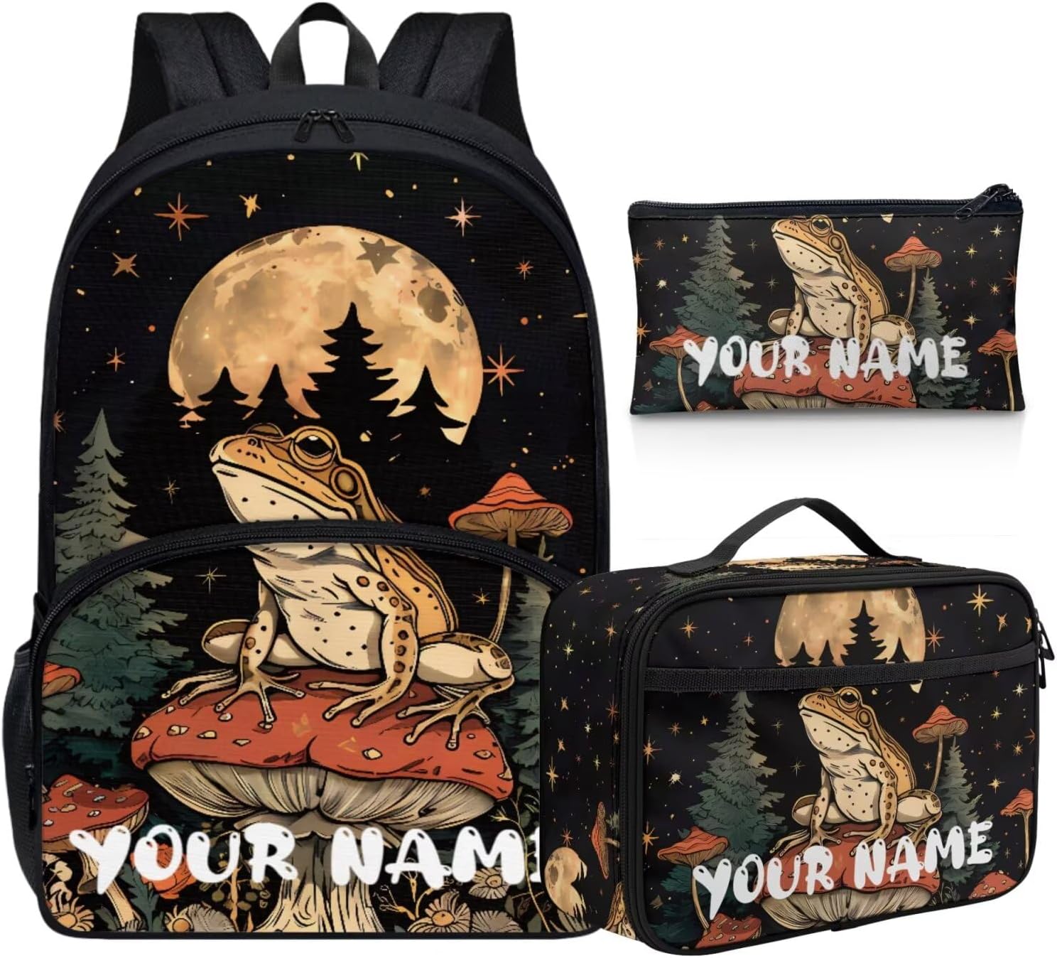 Howilath Mushroom Frog Backpack for Boys Kids Backpack with Lunch Box Aesthetic Pencil Case 3PCS Set 4th 5th 6th Grade Cute Bookbag 17 inch Kawaii School Bag with Name Customized