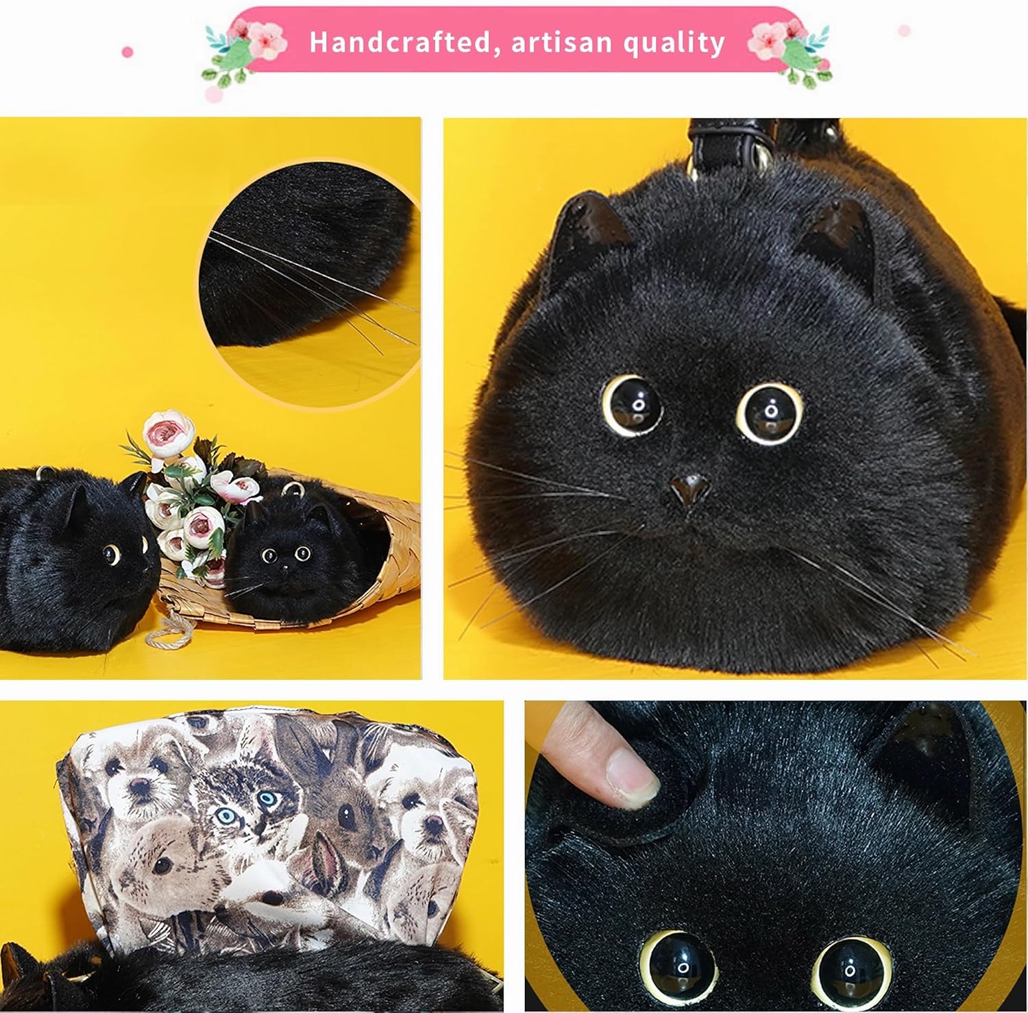HUIJUFU Realistic Puffy Plush Cat Shaped Crossbody Handbag for Women - Image 3