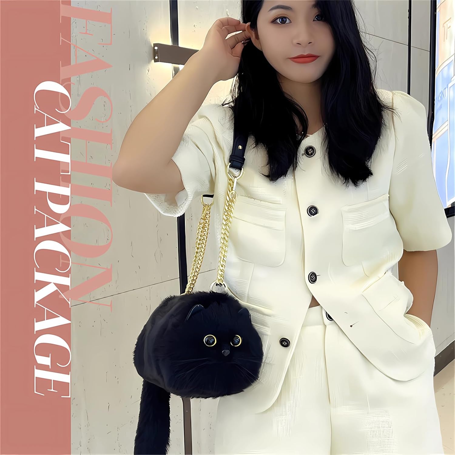 HUIJUFU Realistic Puffy Plush Cat Shaped Crossbody Handbag for Women - Image 6