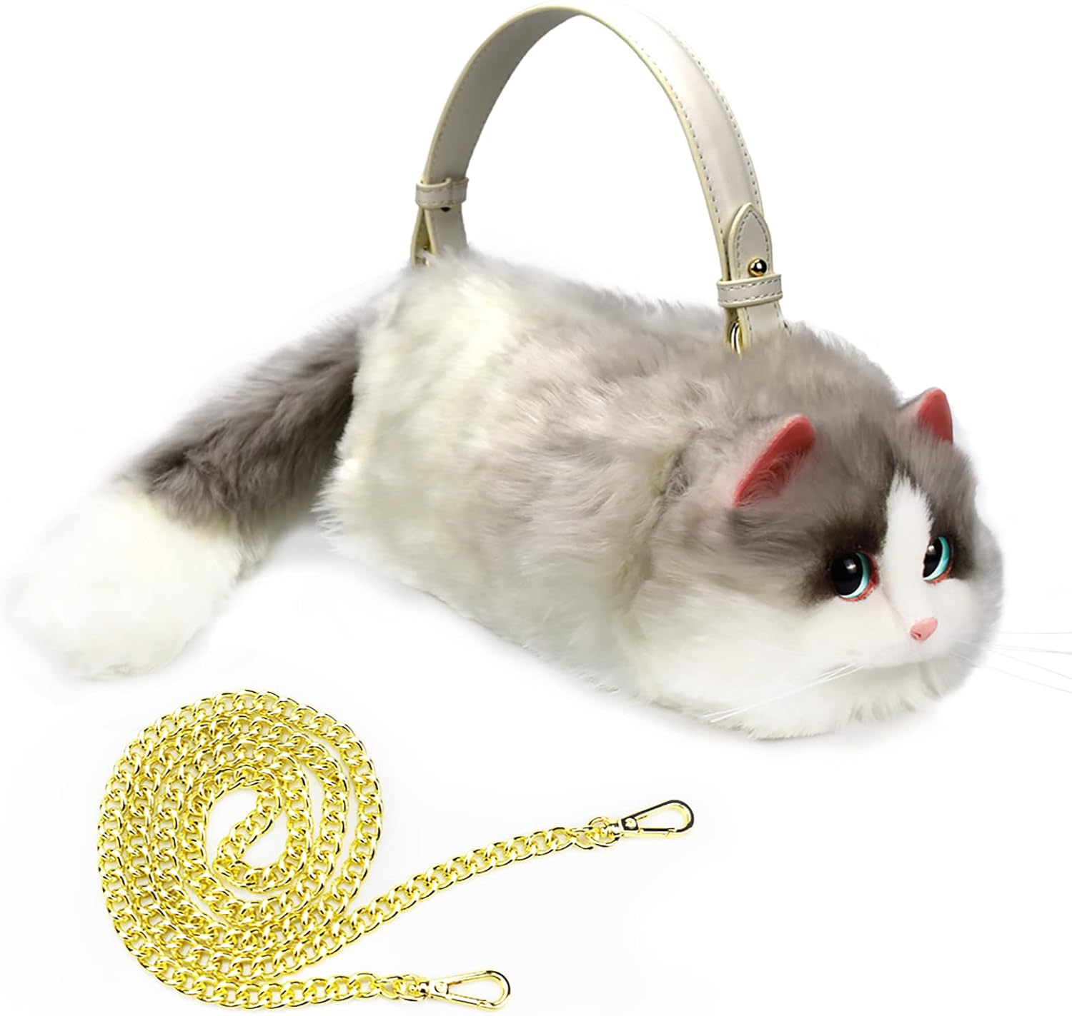 HUIJUFU Realistic Puffy Plush Cat Shaped Crossbody Handbag for Women - Image 16