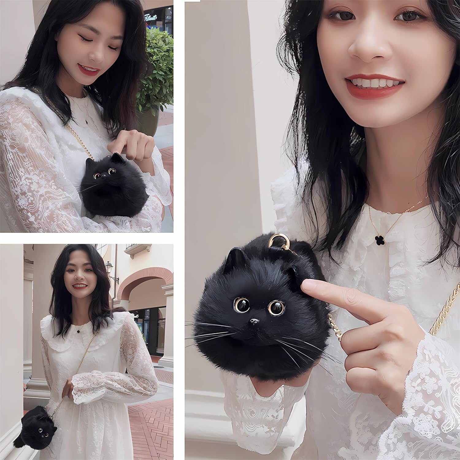 HUIJUFU Realistic Puffy Plush Cat Shaped Crossbody Handbag for Women - Image 4