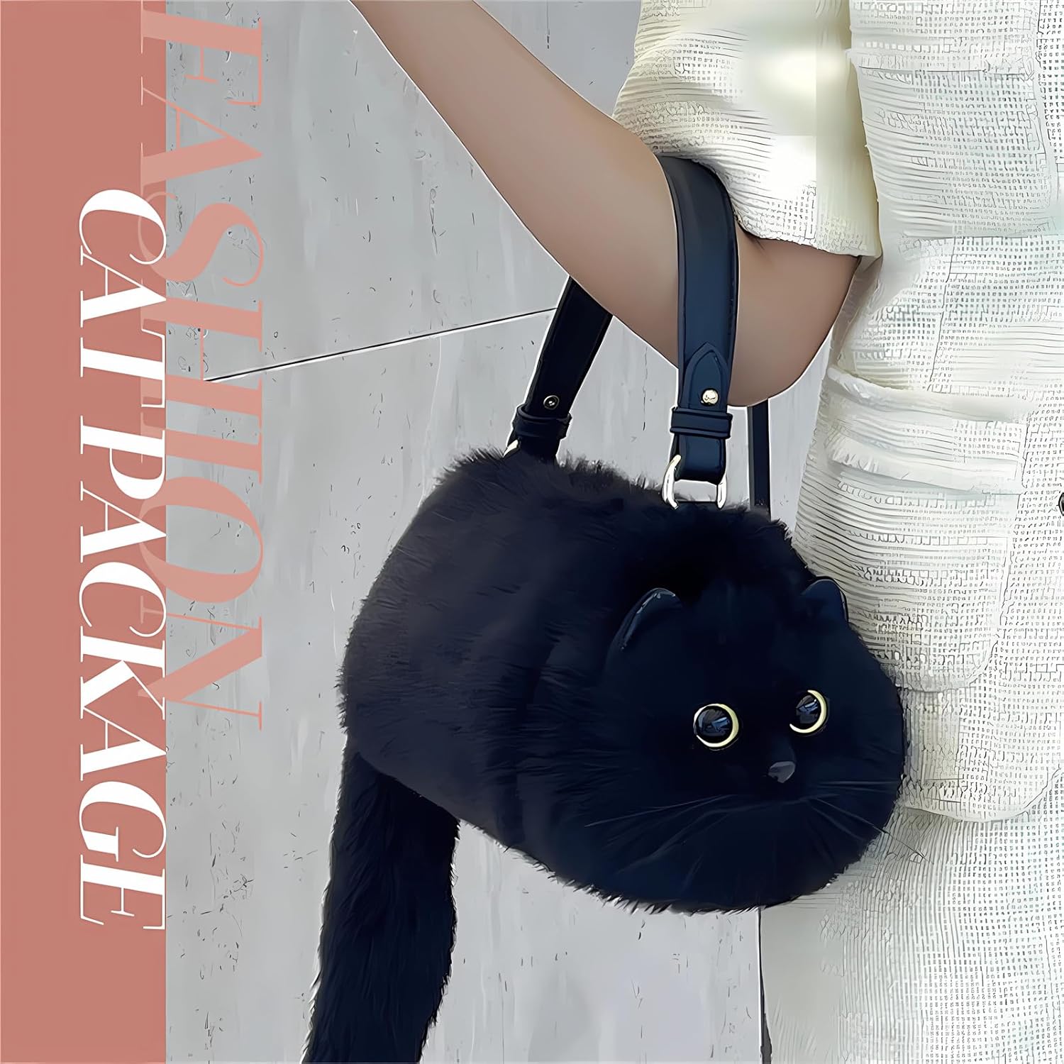 HUIJUFU Realistic Puffy Plush Cat Shaped Crossbody Handbag for Women - Image 8