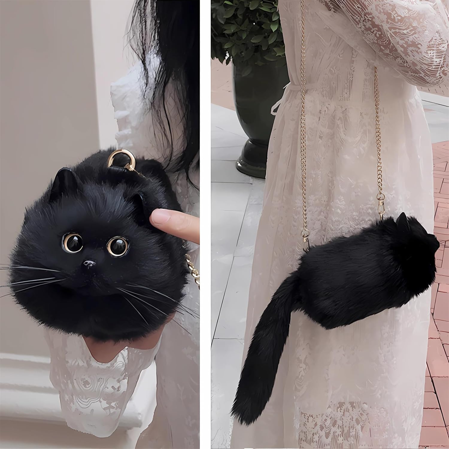 HUIJUFU Realistic Puffy Plush Cat Shaped Crossbody Handbag for Women - Image 7