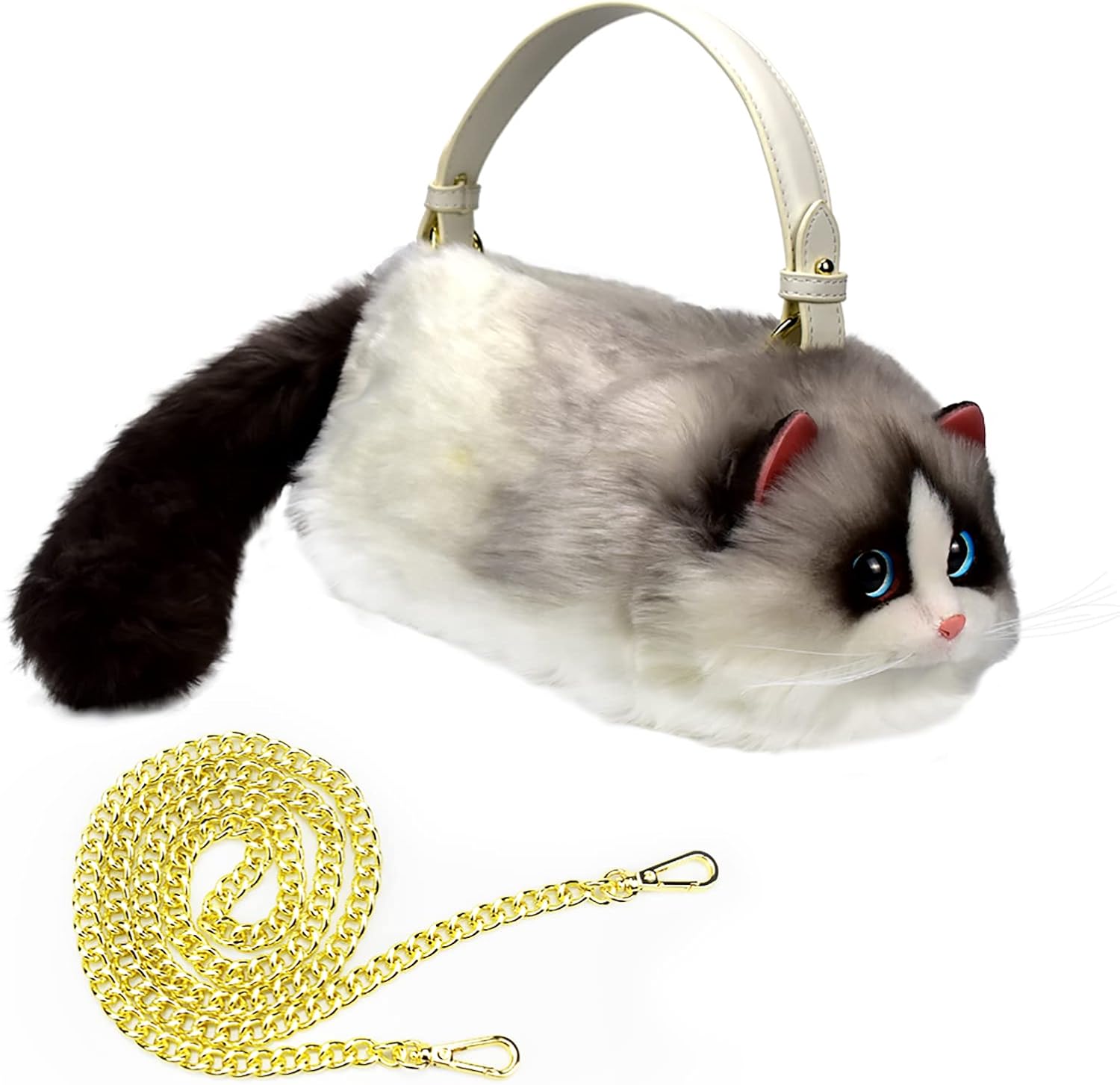 HUIJUFU Realistic Puffy Plush Cat Shaped Crossbody Handbag for Women - Image 12