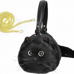 HUIJUFU Realistic Puffy Plush Cat Shaped Crossbody Handbag for Women