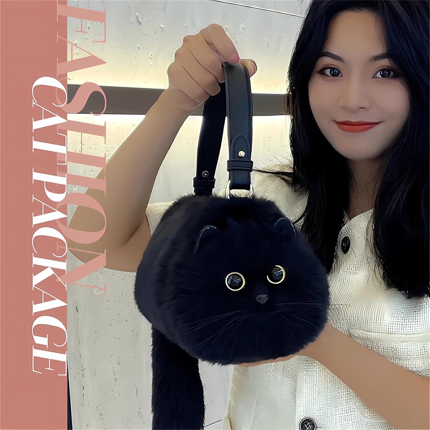 HUIJUFU Realistic Puffy Plush Cat Shaped Crossbody Handbag for Women - Image 5