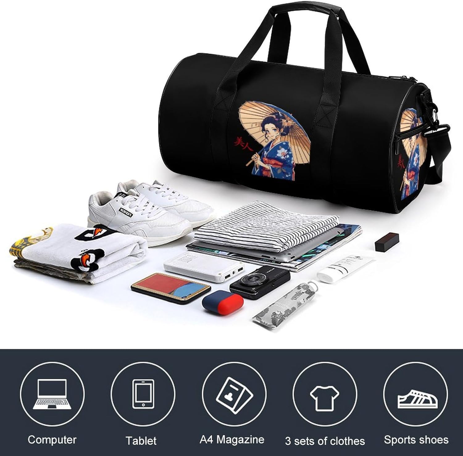 Japanese Kawaii Geisha Girl Gym Bag Lightweight Carry On Duffel Bag Athletic Sports Travel Bag Weekender Bag for Men Women - Image 5