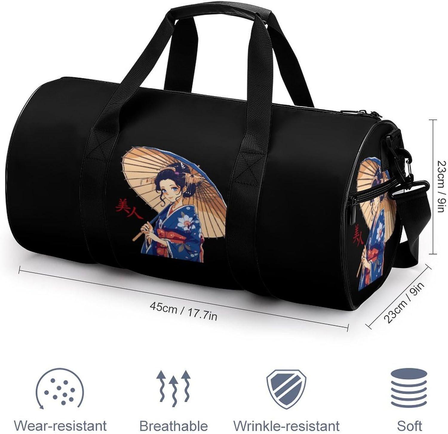 Japanese Kawaii Geisha Girl Gym Bag Lightweight Carry On Duffel Bag Athletic Sports Travel Bag Weekender Bag for Men Women - Image 3