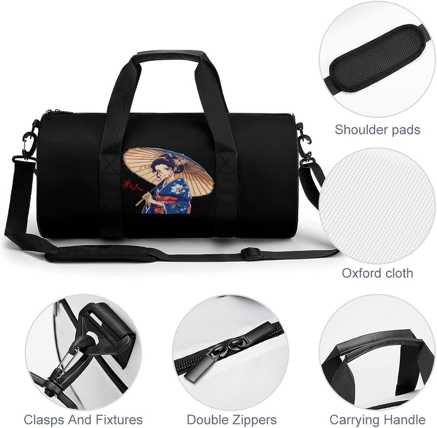Japanese Kawaii Geisha Girl Gym Bag Lightweight Carry On Duffel Bag Athletic Sports Travel Bag Weekender Bag for Men Women - Image 6