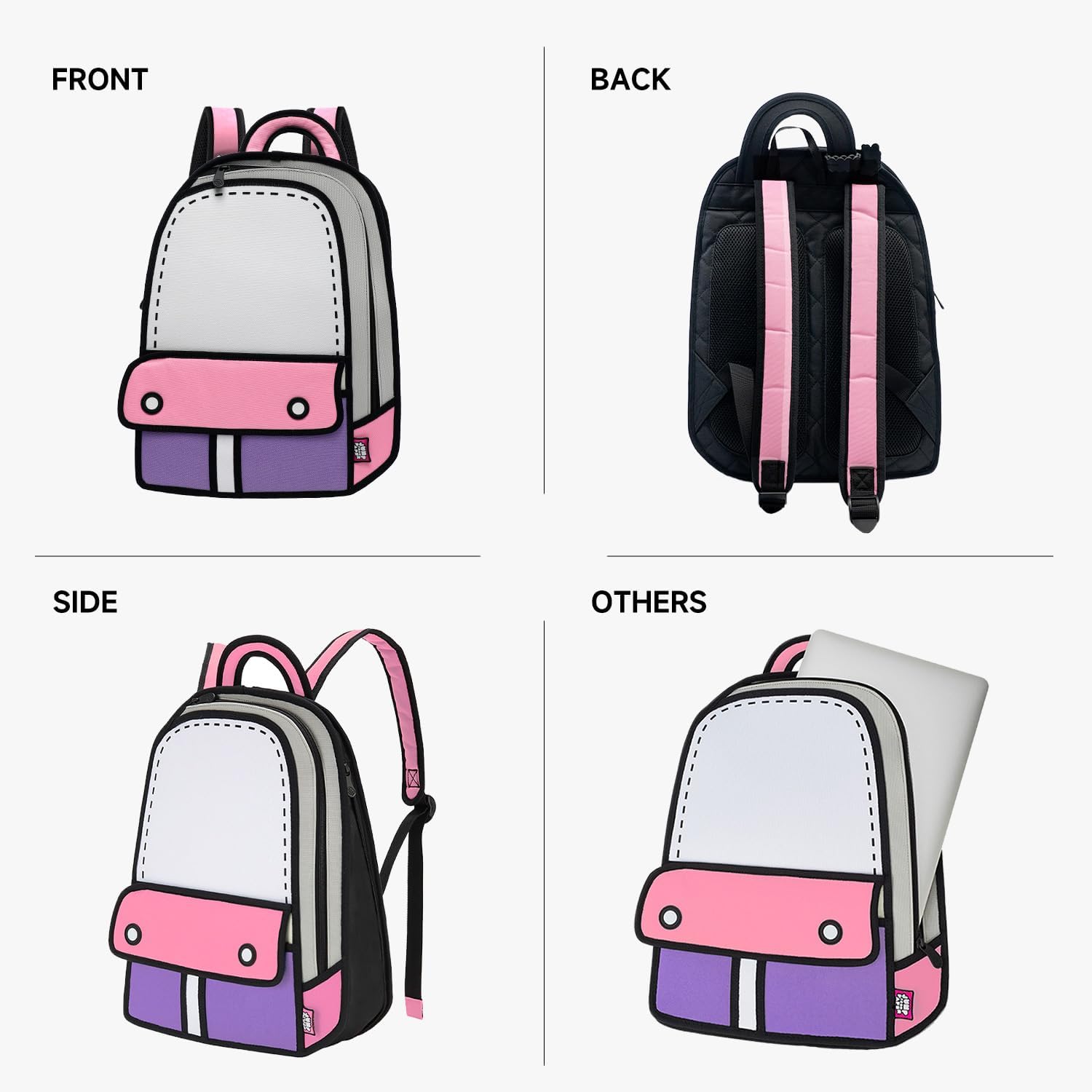 JUMPFROMPAPER 2D Cartoon Backpack (Adventure), Fun Novelty Backpacks Bags for Adults and Senior Year, Carries Laptop and Essentials for Travel (Pink) - Image 5